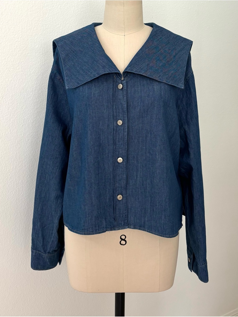 Zara Denim Effect Sailor Collar Shirt Blouse NWT Mid-Wash Blue Long Sleeves L